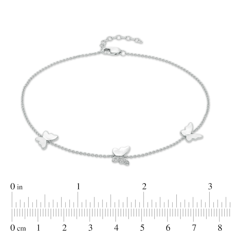 Main Image 4 of 1/20 CT. T.W. Diamond Station Butterfly Anklet in Sterling Silver – 10"
