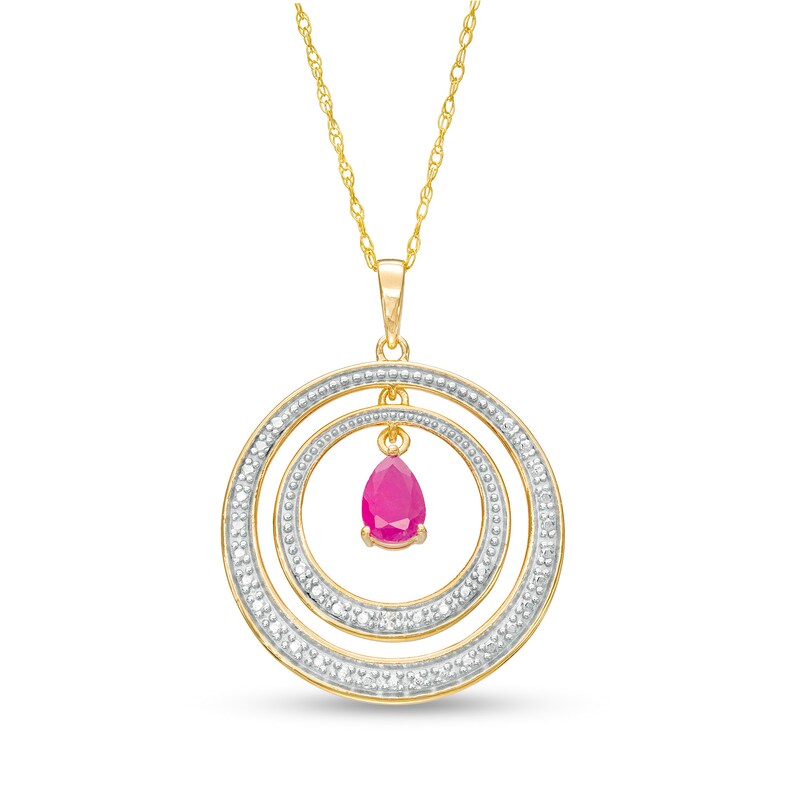 Main Image 1 of Pear-Shaped Ruby and Diamond Accent Beaded Double Circle Pendant in 10K Gold