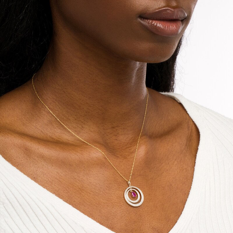Main Image 2 of Pear-Shaped Ruby and Diamond Accent Beaded Double Circle Pendant in 10K Gold