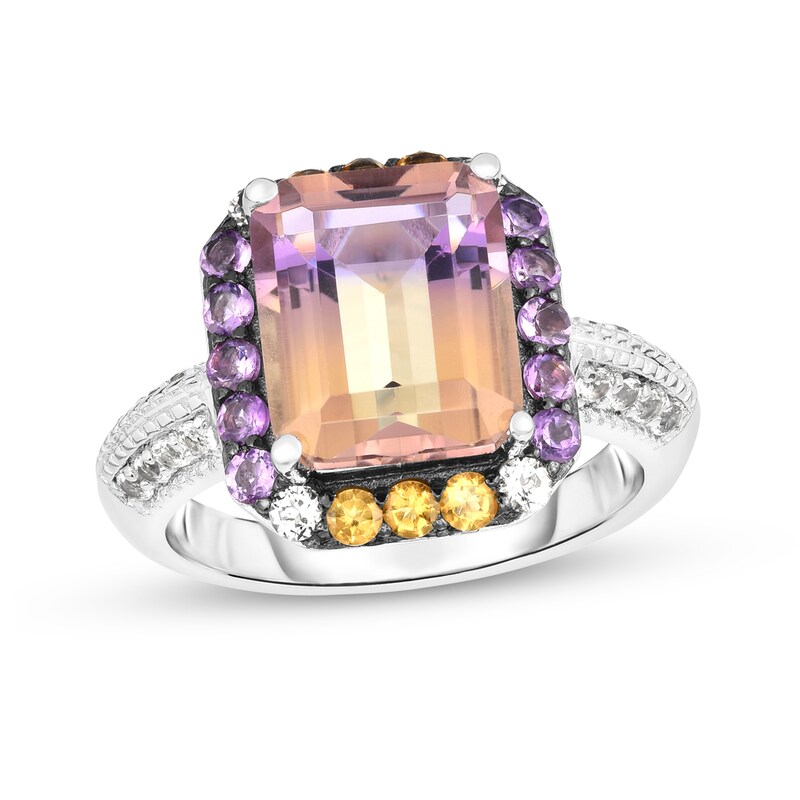 Main Image 1 of Emerald-Cut Ametrine with Amethyst, Citrine and White Topaz Octagonal Frame Double Row Ring in Sterling Silver