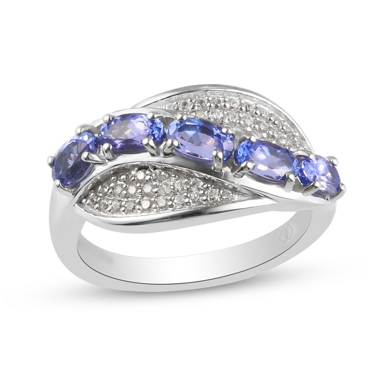 Main Image 1 of Sideways Oval Tanzanite and White Zircon Wave Ring in Sterling Silver