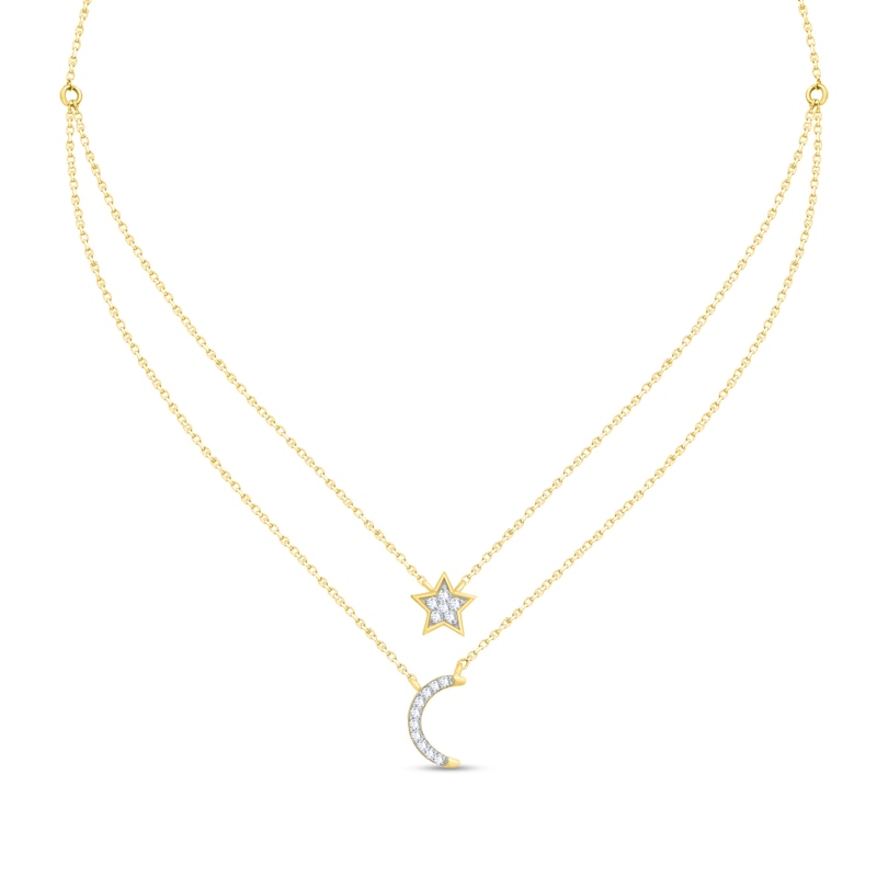 Main Image 1 of 1/10 CT. T.W. Diamond Star and Moon Double Strand Necklace in Sterling Silver with 14K Gold Plate