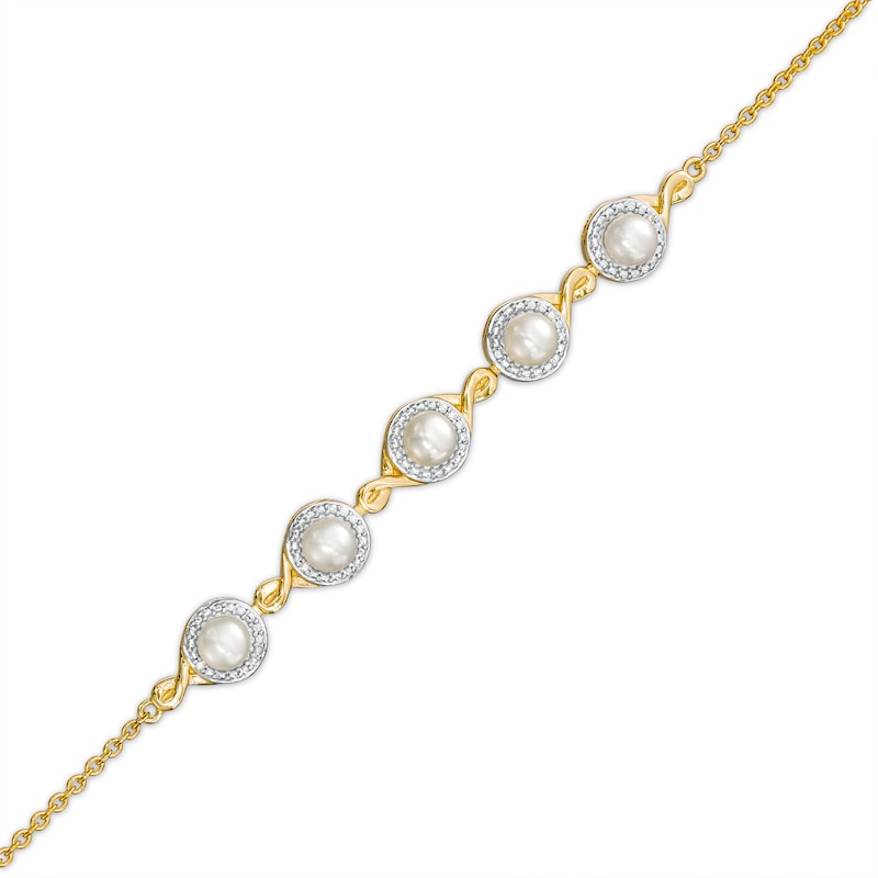 Main Image 1 of 4.0mm Akoya Cultured Pearl and Diamond Accent Five Stone Bracelet in 10K Gold – 8.0"