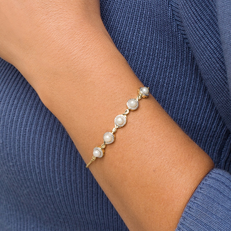 Main Image 2 of 4.0mm Akoya Cultured Pearl and Diamond Accent Five Stone Bracelet in 10K Gold – 8.0"