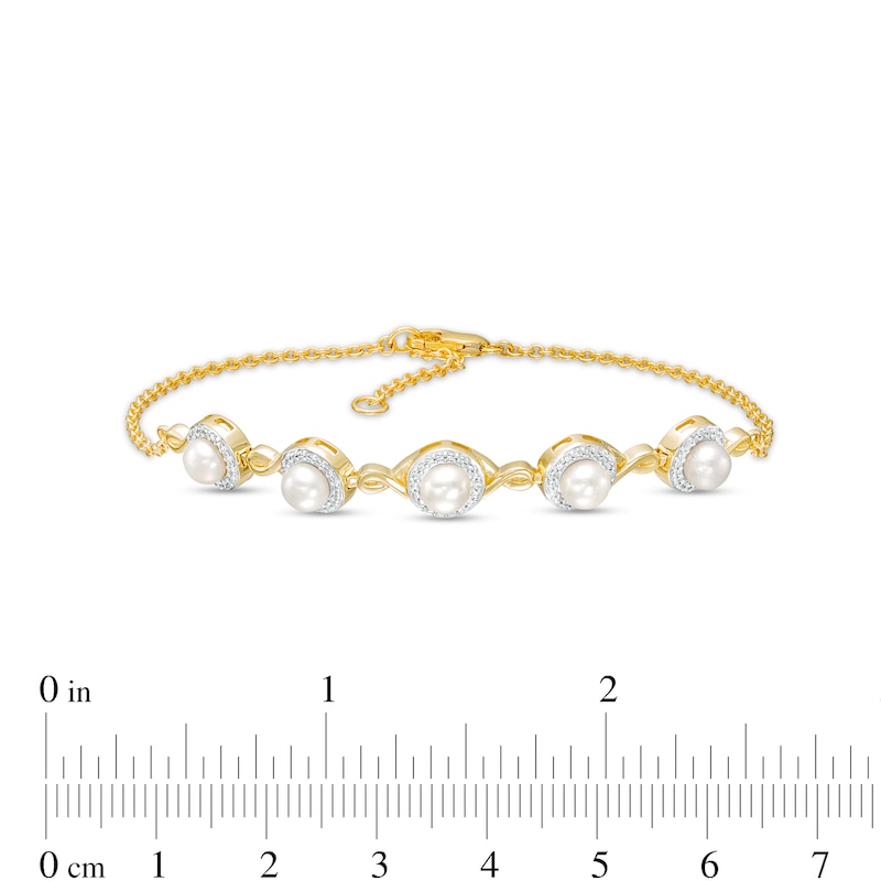 Main Image 4 of 4.0mm Akoya Cultured Pearl and Diamond Accent Five Stone Bracelet in 10K Gold – 8.0"