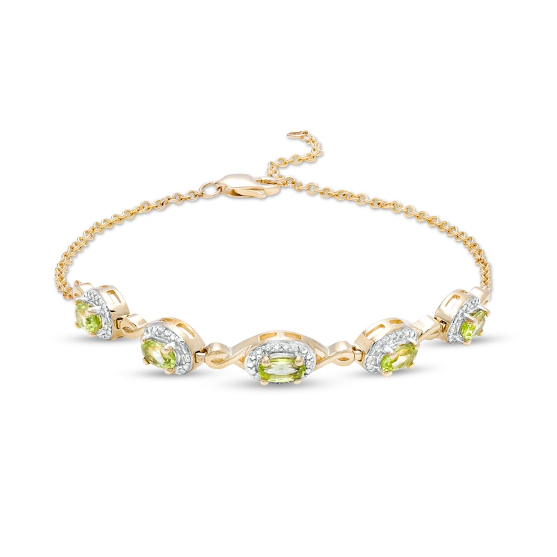Main Image 1 of Oval Peridot and Diamond Accent Twist Five Stone Bracelet in 10K Gold – 8.0"
