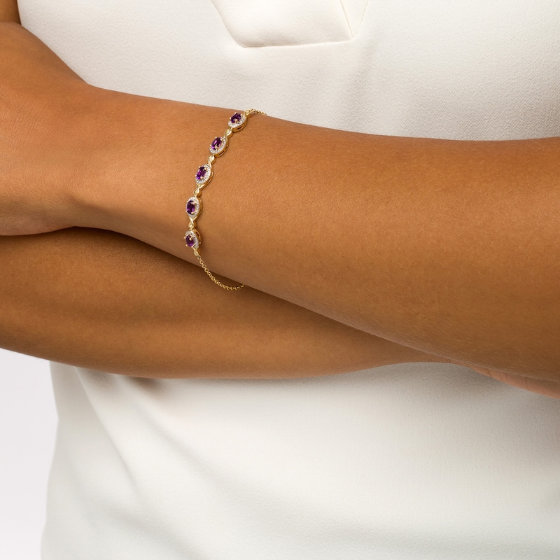 Main Image 2 of Oval Amethyst and Diamond Accent Twist Five Stone Bracelet in 10K Gold – 8.0"