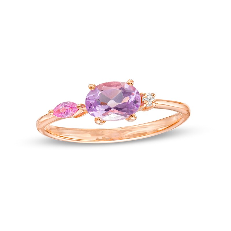 Main Image 1 of Sideways Oval Morganite, Marquise Pink Sapphire and Diamond Accent Ring in 10K Rose Gold