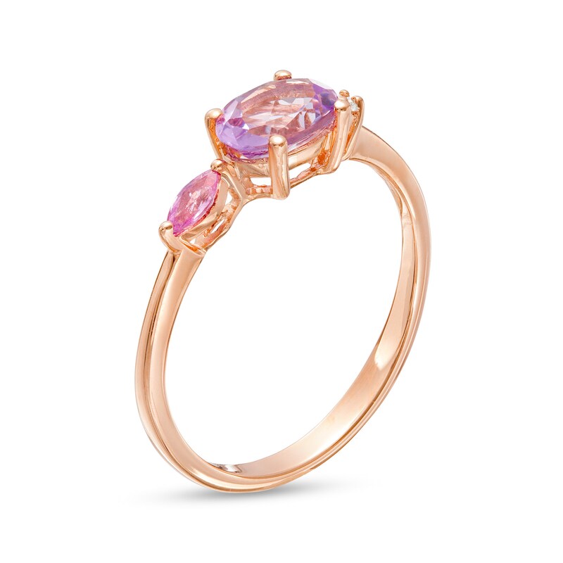 Main Image 3 of Sideways Oval Morganite, Marquise Pink Sapphire and Diamond Accent Ring in 10K Rose Gold