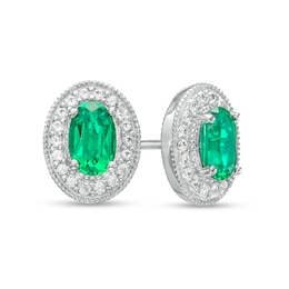 Oval Lab-Created Emerald and White Sapphire Frame Vintage-Style Stud Earrings in Sterling Silver