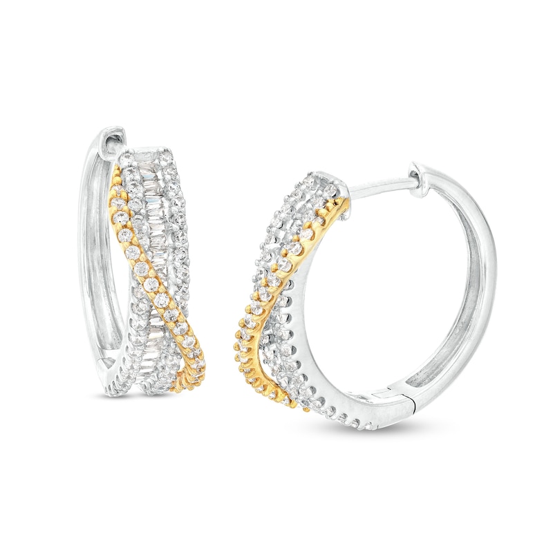 Main Image 1 of 1 CT. T.W. Baguette and Round Diamond Crossover Hoop Earrings in 10K Two-Tone Gold