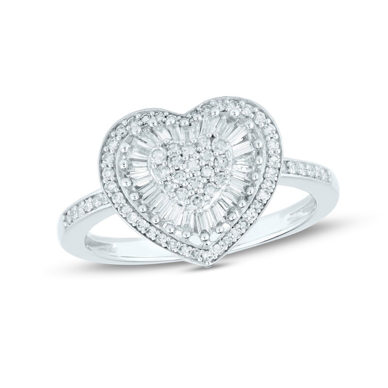 Main Image 1 of 1/2 CT. T.W. Baguette and Round Multi-Diamond Double Frame Heart Ring in 10K White Gold
