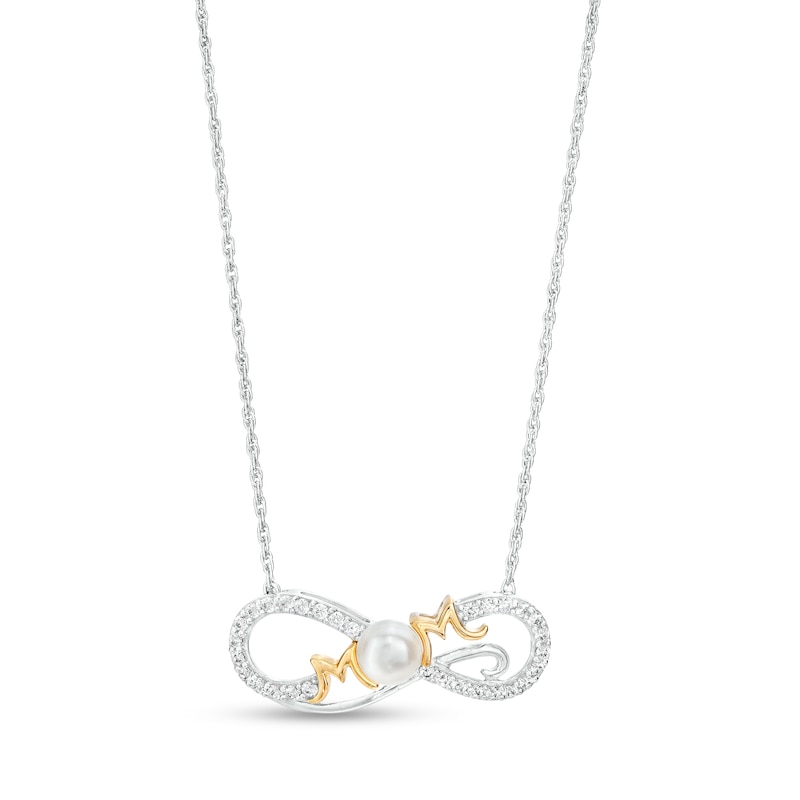 Main Image 1 of 5.0mm Freshwater Cultured Pearl and White Lab-Created Sapphire "MOM" Necklace in Sterling Silver with 10K Gold Plate