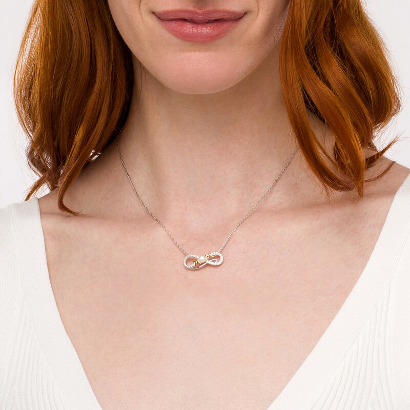 Main Image 2 of 5.0mm Freshwater Cultured Pearl and White Lab-Created Sapphire "MOM" Necklace in Sterling Silver with 10K Gold Plate