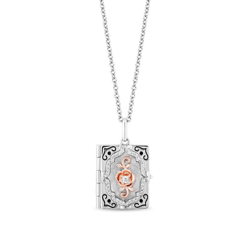 Main Image 1 of Enchanted Disney Belle 1/8 CT. T.W. Diamond Book Locket Pendant in Sterling Silver and 10K Rose Gold – 19"
