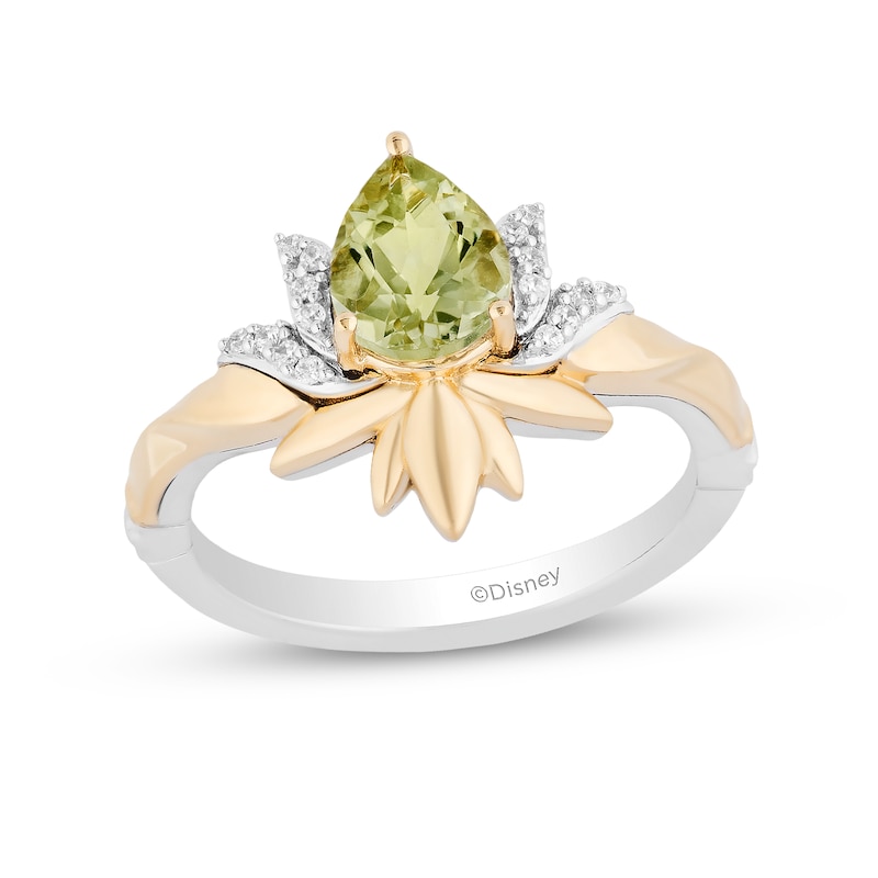 Main Image 1 of Enchanted Disney Tiana Pear-Shaped Green Quartz and 1/15 CT. T.W. Diamond Flower Ring in Sterling Silver and 10K Gold