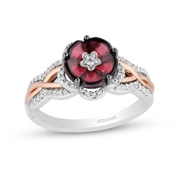 Enchanted Disney Mulan 8.0mm Rhodolite Garnet and 1/5 CT. T.W. Diamond Flower Ring in Sterling Silver and 10K Rose Gold
