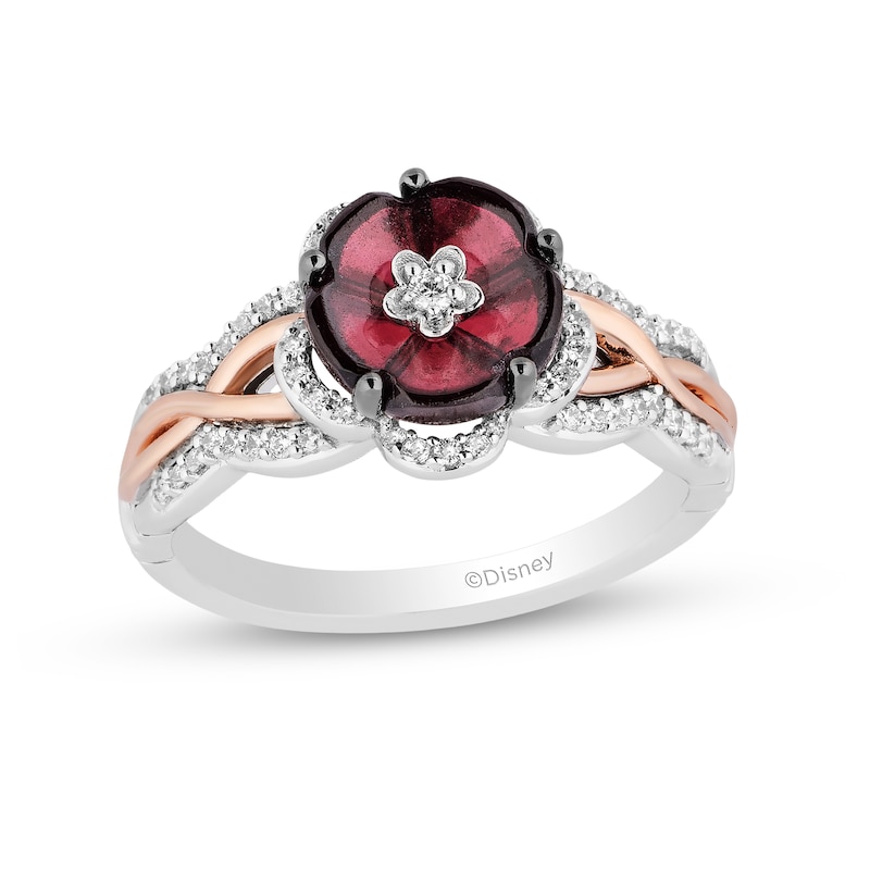 Main Image 1 of Enchanted Disney Mulan 8.0mm Rhodolite Garnet and 1/5 CT. T.W. Diamond Flower Ring in Sterling Silver and 10K Rose Gold