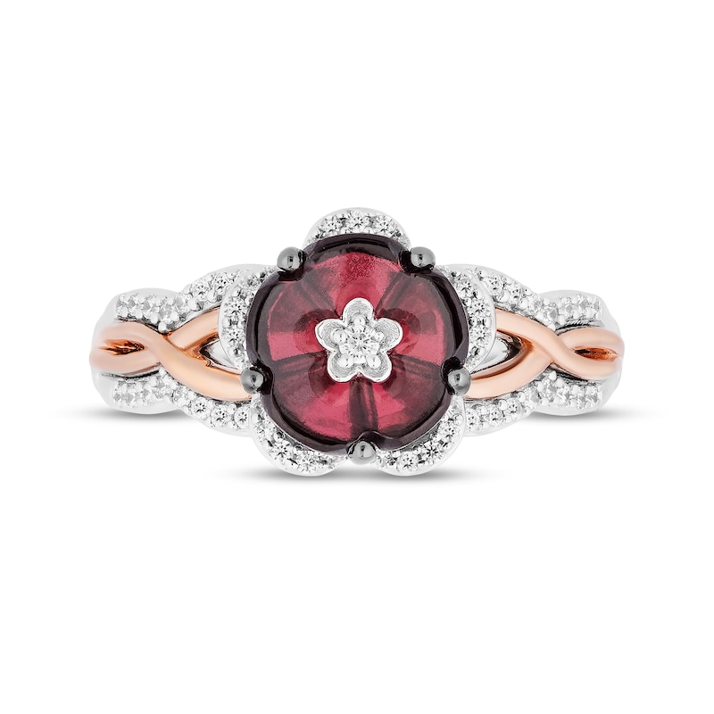 Enchanted Disney Mulan 8.0mm Rhodolite Garnet and 1/5 CT. T.W. Diamond Flower Ring in Sterling Silver and 10K Rose Gold