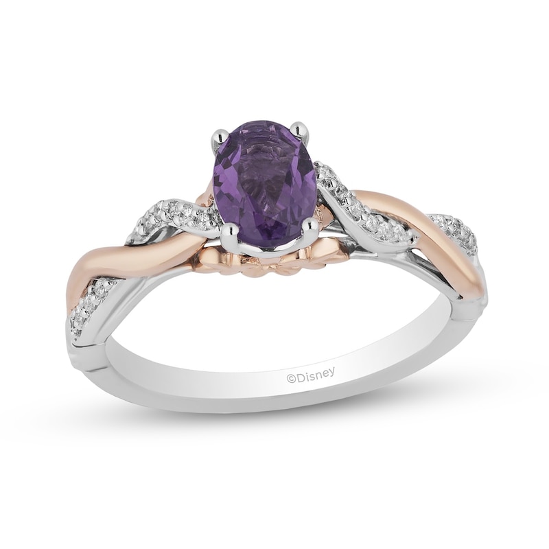 Main Image 1 of Enchanted Disney Rapunzel Oval Amethyst and 1/10 CT. T.W. Diamond Ring in Sterling Silver and 10K Rose Gold