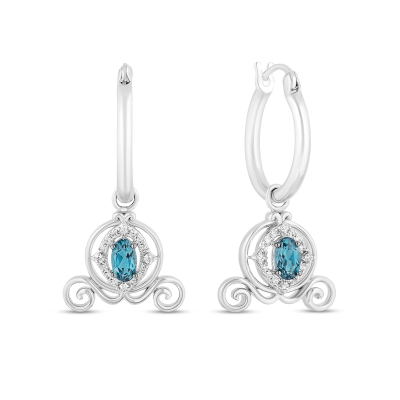 Main Image 1 of Enchanted Disney Cinderella Blue Topaz and 1/10 CT. T.W. Diamond Carriage Dangle Hoop Earrings in Sterling Silver