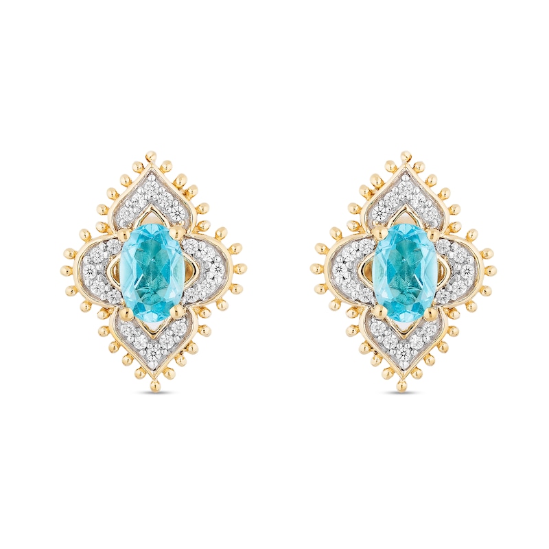 Main Image 2 of Enchanted Disney Jasmine Oval Swiss Blue Topaz and 1/6 CT. T.W. Diamond Arabesque Frame Stud Earrings in 10K Gold