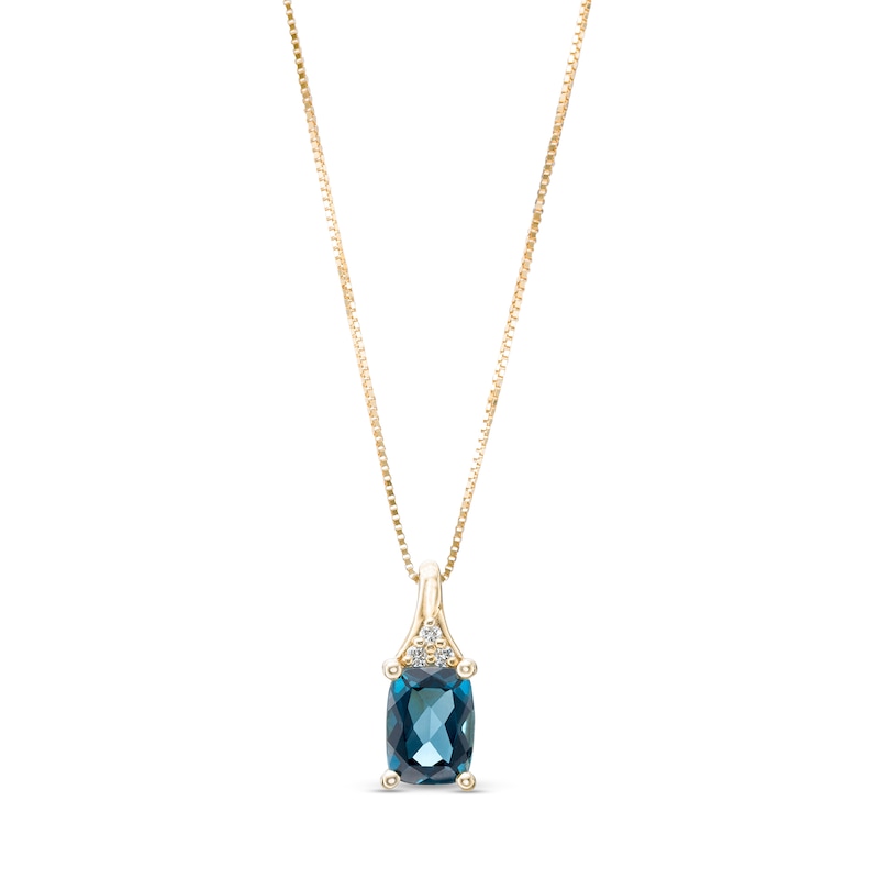 Elongated Cushion-Cut London Blue Topaz and 1/20 CT. T.W. Diamond Tri-Top Pendant in 10K Gold