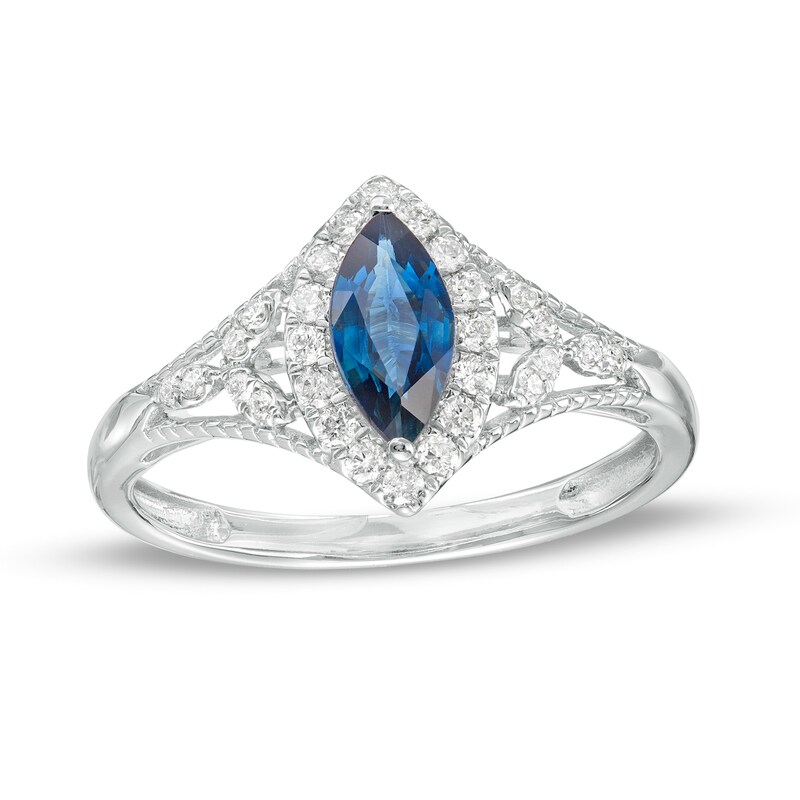 Main Image 1 of Marquise Blue Sapphire and 1/5 CT. T.W. Diamond Frame Filigree Ring in 10K White Gold