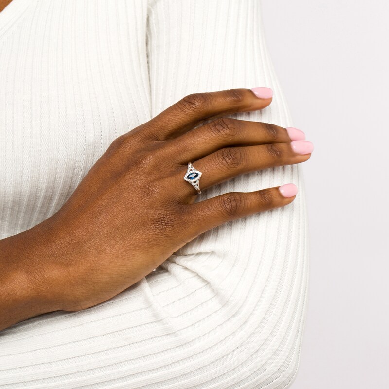 Main Image 2 of Marquise Blue Sapphire and 1/5 CT. T.W. Diamond Frame Filigree Ring in 10K White Gold
