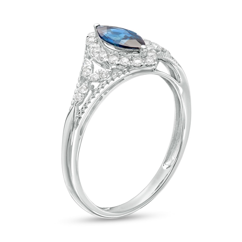 Main Image 3 of Marquise Blue Sapphire and 1/5 CT. T.W. Diamond Frame Filigree Ring in 10K White Gold