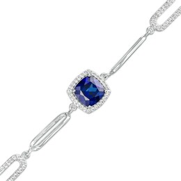 7.0mm Ceylon Blue and White Lab-Created Sapphire Frame Paperclip Bracelet in Sterling Silver - 7.5&quot;