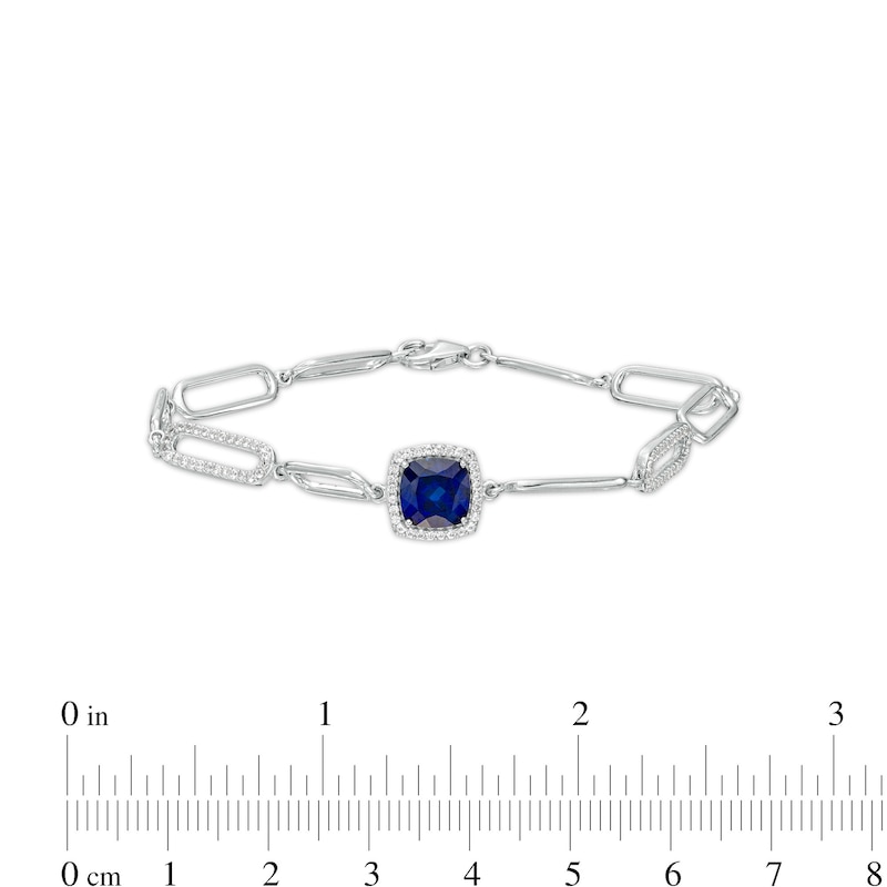 Main Image 4 of 7.0mm Ceylon Blue and White Lab-Created Sapphire Frame Paper Clip Bracelet in Sterling Silver - 7.5"