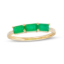EFFY™ Collection Sideways Emerald-Cut Emerald and 1/20 CT. T.W. Diamond Three Stone Ring in 14K Gold