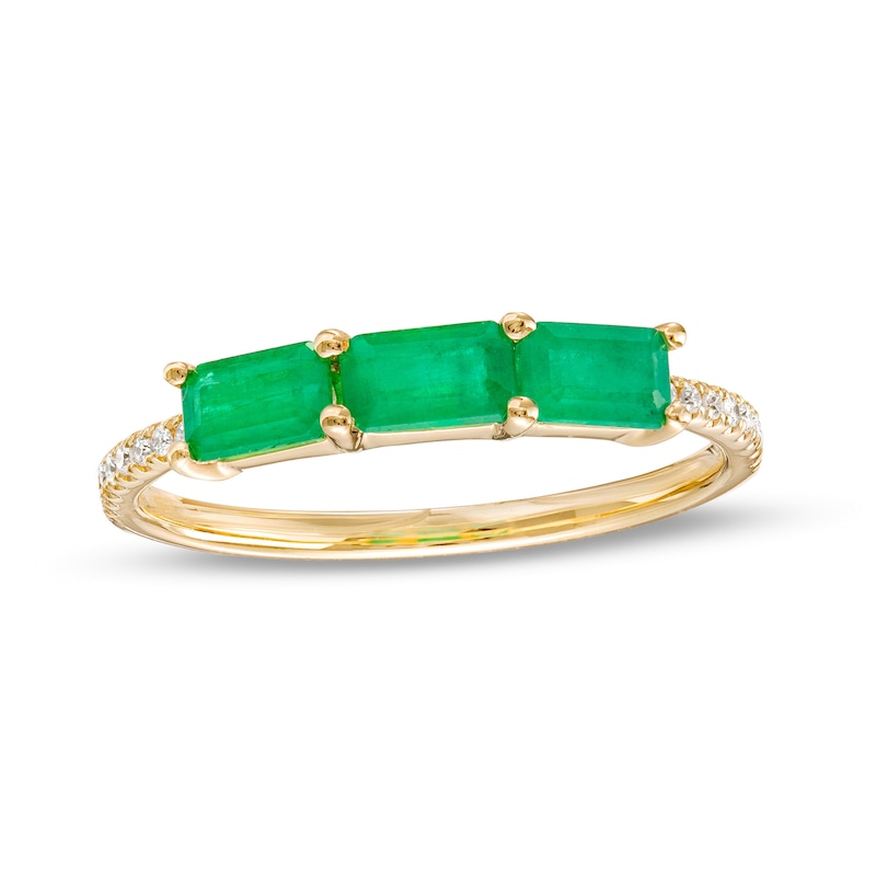 Main Image 1 of EFFY™ Collection Sideways Emerald-Cut Emerald and 1/20 CT. T.W. Diamond Three Stone Ring in 14K Gold