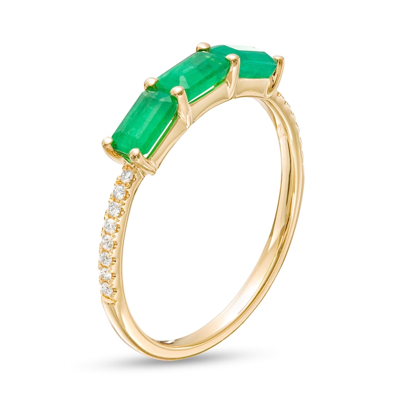 Main Image 3 of EFFY™ Collection Sideways Emerald-Cut Emerald and 1/20 CT. T.W. Diamond Three Stone Ring in 14K Gold