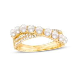 EFFY™ Collection Cultured Freshwater Pearl and 1/5 CT. T.W. Diamond Criss-Cross Overlay Ring in 14K Gold