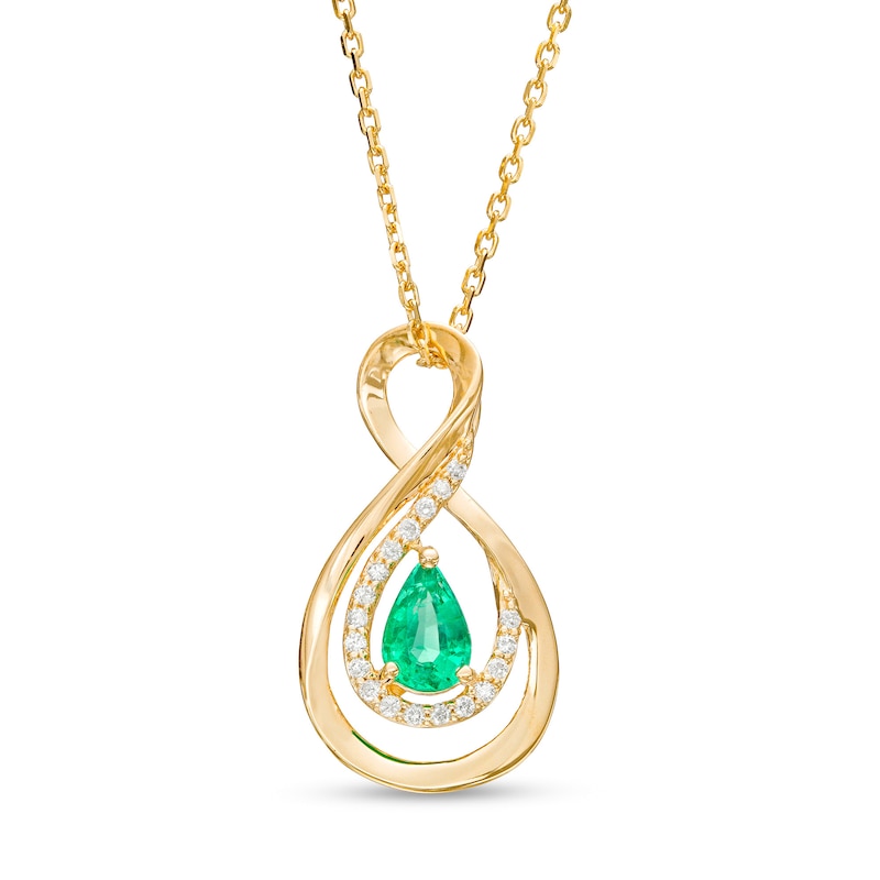 Main Image 1 of Pear-Shaped Emerald and 1/8 CT. T.W. Diamond Infinity Pendant in 10K Gold