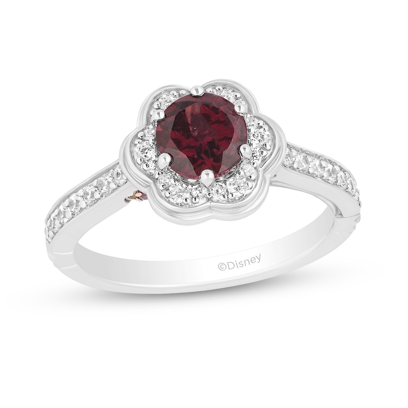 Main Image 1 of Enchanted Disney Mulan 6.0mm Rhodolite Garnet and 1/3 CT. T.W. Diamond Flower Frame Engagement Ring in 14K White Gold