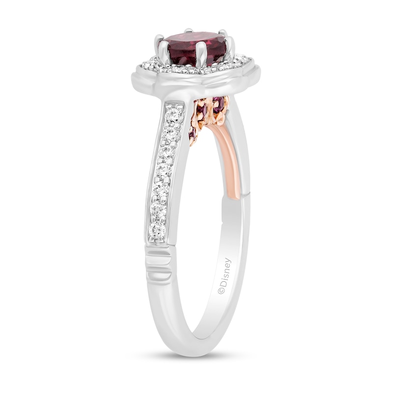 Main Image 2 of Enchanted Disney Mulan 6.0mm Rhodolite Garnet and 1/3 CT. T.W. Diamond Flower Frame Engagement Ring in 14K White Gold