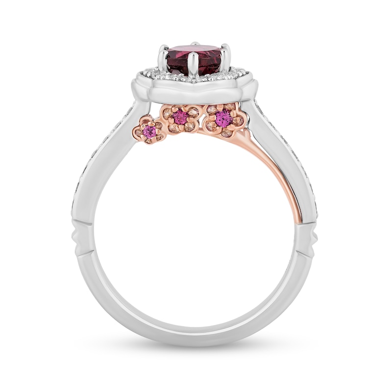 Main Image 3 of Enchanted Disney Mulan 6.0mm Rhodolite Garnet and 1/3 CT. T.W. Diamond Flower Frame Engagement Ring in 14K White Gold