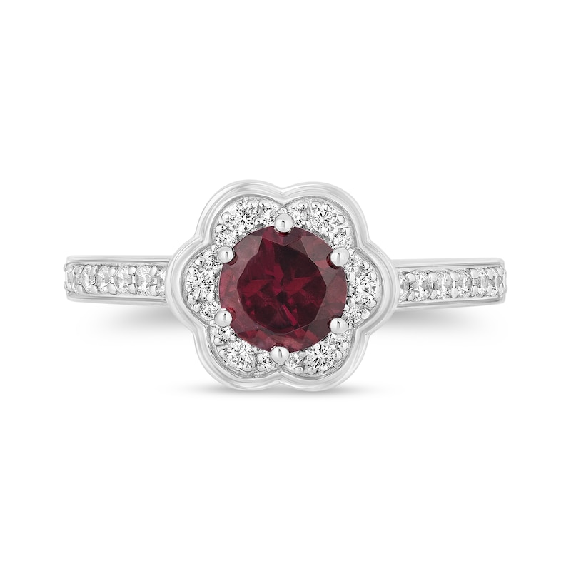 Main Image 4 of Enchanted Disney Mulan 6.0mm Rhodolite Garnet and 1/3 CT. T.W. Diamond Flower Frame Engagement Ring in 14K White Gold