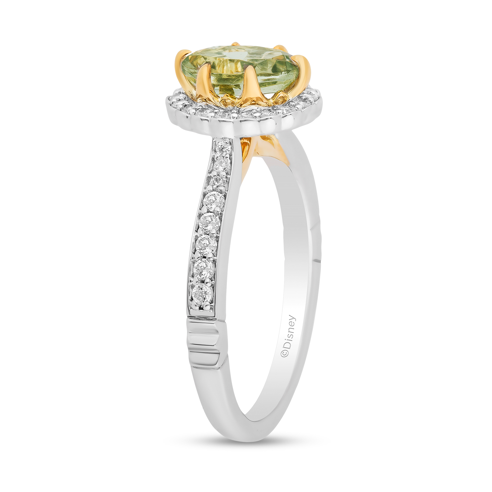 Main Image 2 of Enchanted Disney Tiana Oval Green Quartz and 1/3 CT. T.W. Diamond Claw Prong Engagement Ring in 14K Two-Tone Gold