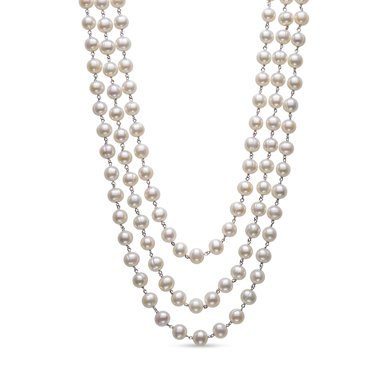 Main Image 1 of 7.0-8.0mm Oval Freshwater Cultured Pearl Triple Strand Necklace in Sterling Silver – 22"