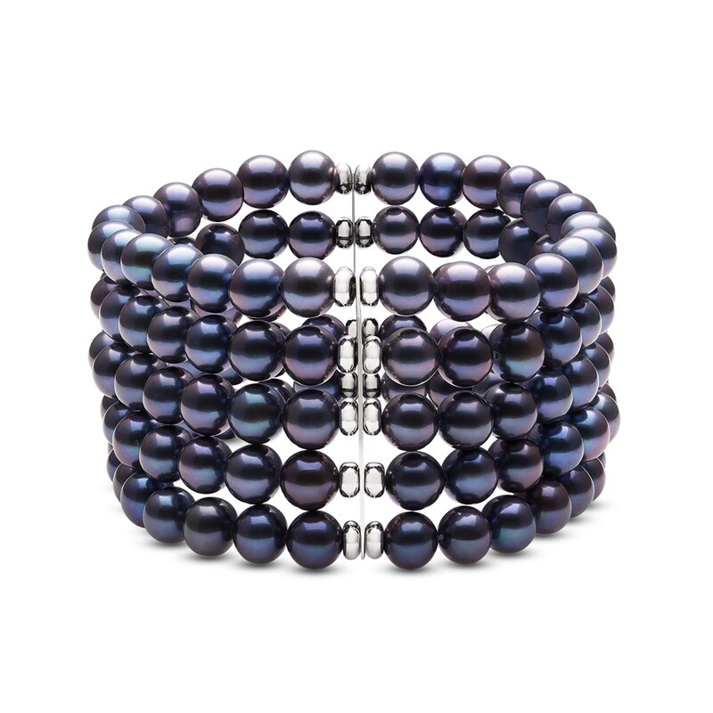 7.0-8.0mm Dyed Black Cultured Freshwater Pearl and Bead Multi-Row Stretch Bracelet in Sterling Silver