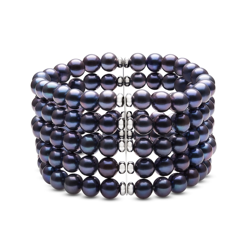 Main Image 1 of 7.0-8.0mm Dyed Black Freshwater Cultured Pearl and Bead Multi-Row Stretch Bracelet in Sterling Silver