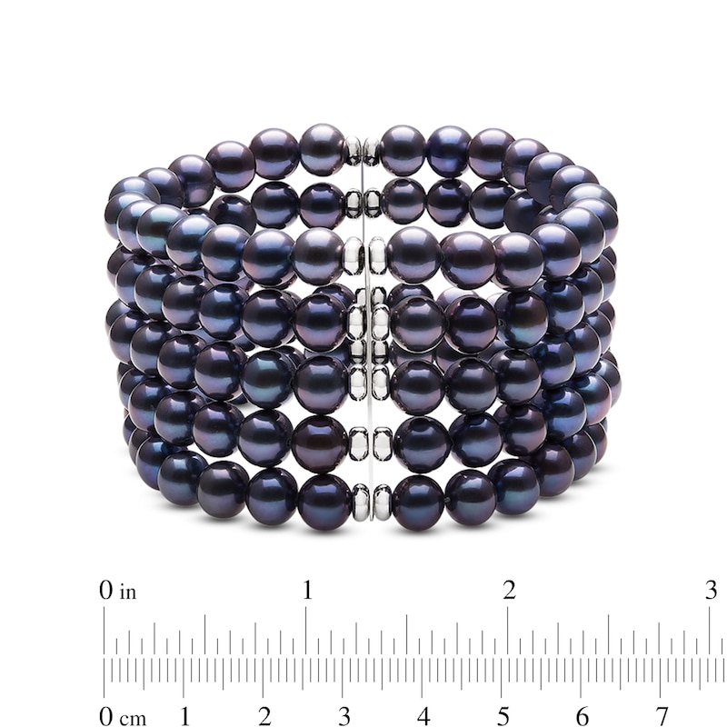 Main Image 2 of 7.0-8.0mm Dyed Black Freshwater Cultured Pearl and Bead Multi-Row Stretch Bracelet in Sterling Silver