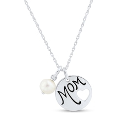 6.0mm Cultured Freshwater Pearl &quot;MOM&quot; with Heart Cutout Charm Pendant in Sterling Silver