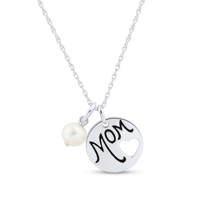 6.0mm Cultured Freshwater Pearl "MOM" with Heart Cutout Charm Pendant in Sterling Silver