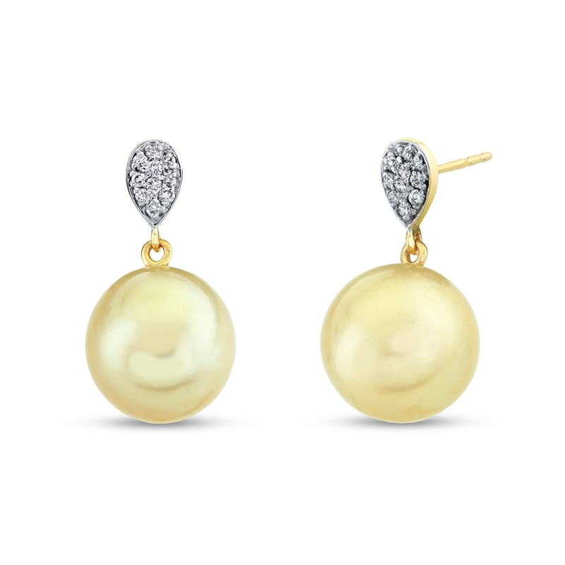 11.0mm Golden Cultured South Sea Pearl and 1/6 CT. T.W. Diamond Teardrop Earrings in 14K Gold