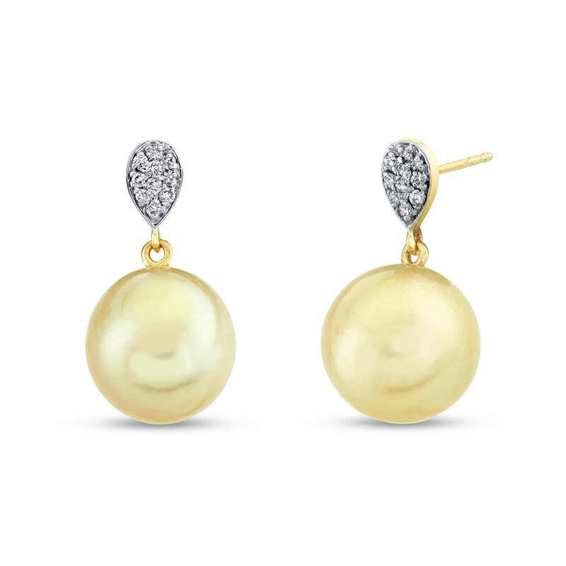 11.0mm Golden Cultured South Sea Pearl and 1/6 CT. T.W. Diamond Teardrop Earrings in 14K Gold